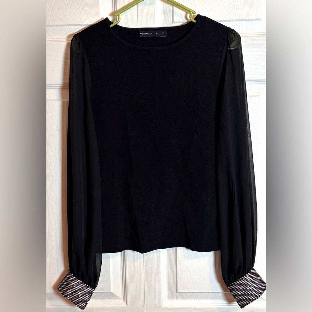 Karen Millen Sweater Black Embellished Chiffon Sleeves Rhinestones Black Medium - Picture 12 of 16